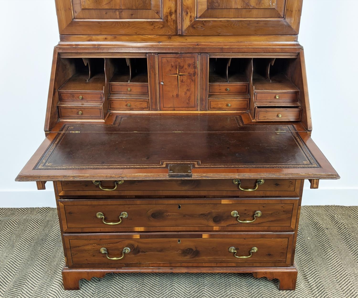 BUREAU CABINET, George II style yewwood and stellar inlaid with three finials over panelled doors - Bild 9 aus 22