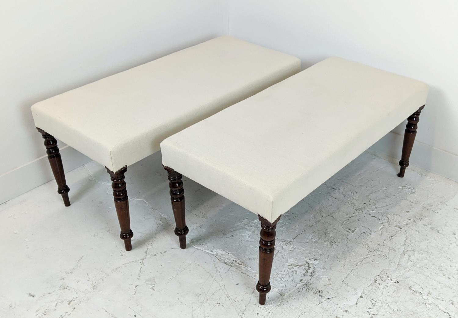 STOOLS, a pair, part Victorian mahogany with rectangular white upholstery, 46cm H x 101cm W x 45cm - Image 3 of 12