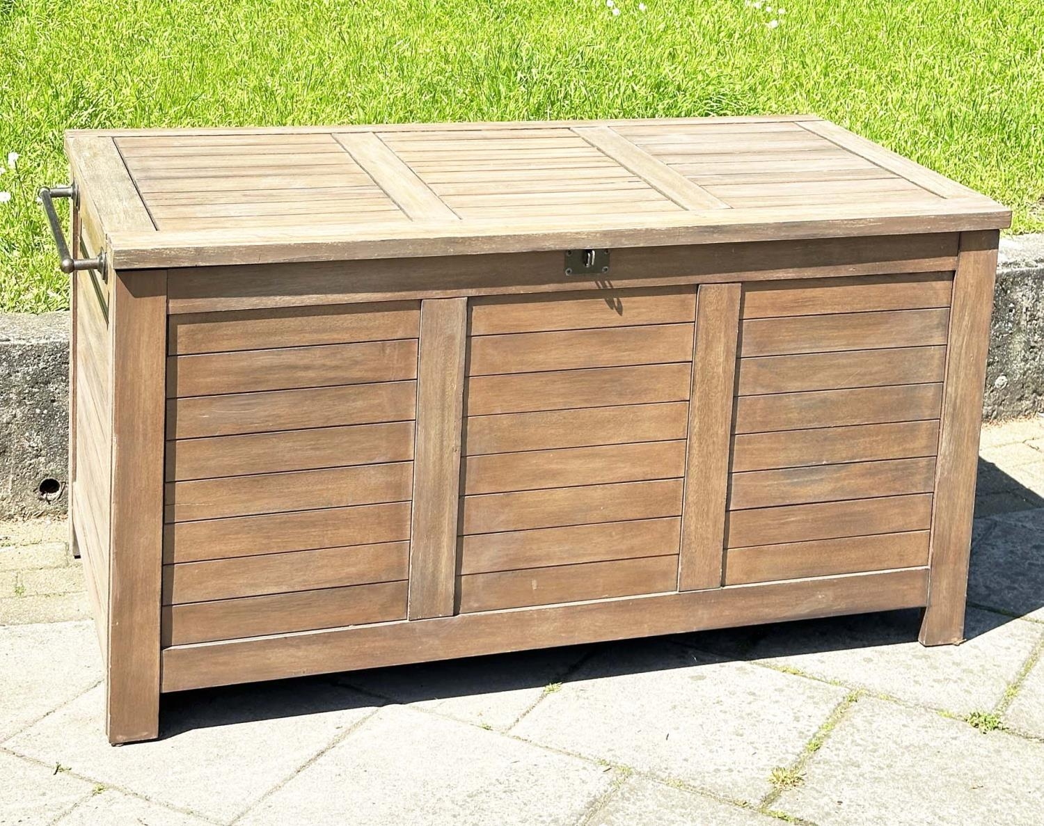 GARDEN STORAGE TRUNK, outdoor weathered teak with hinged lid and side handles, 85vm H x 138cm W x