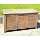 GARDEN STORAGE TRUNK, outdoor weathered teak with hinged lid and side handles, 85vm H x 138cm W x
