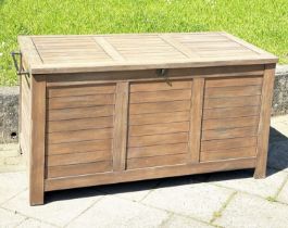 GARDEN STORAGE TRUNK, outdoor weathered teak with hinged lid and side handles, 85vm H x 138cm W x