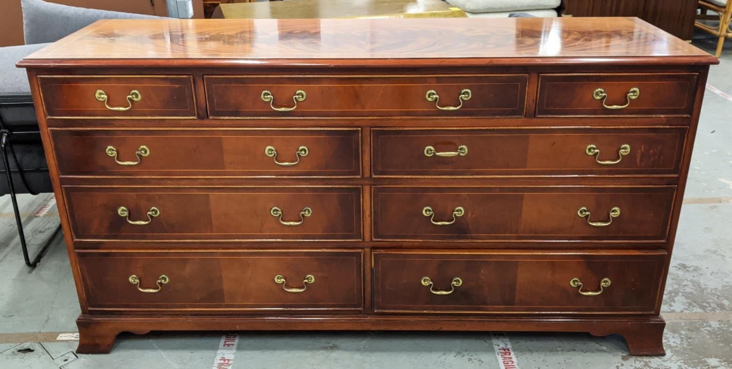 CHEST, Georgian style mahogany and line inlaid with nine drawers, 78cm H x 156cm x 46cm.