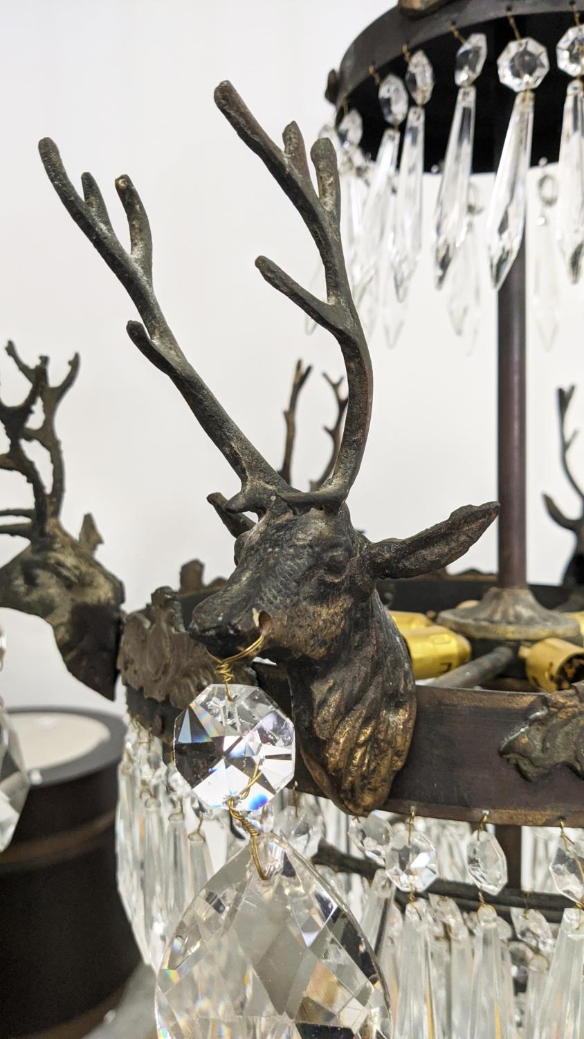 CHANDELIER, gilt metal with stag heads, glass drops and six lights, 53cm W x 85cm H overall. - Image 9 of 16