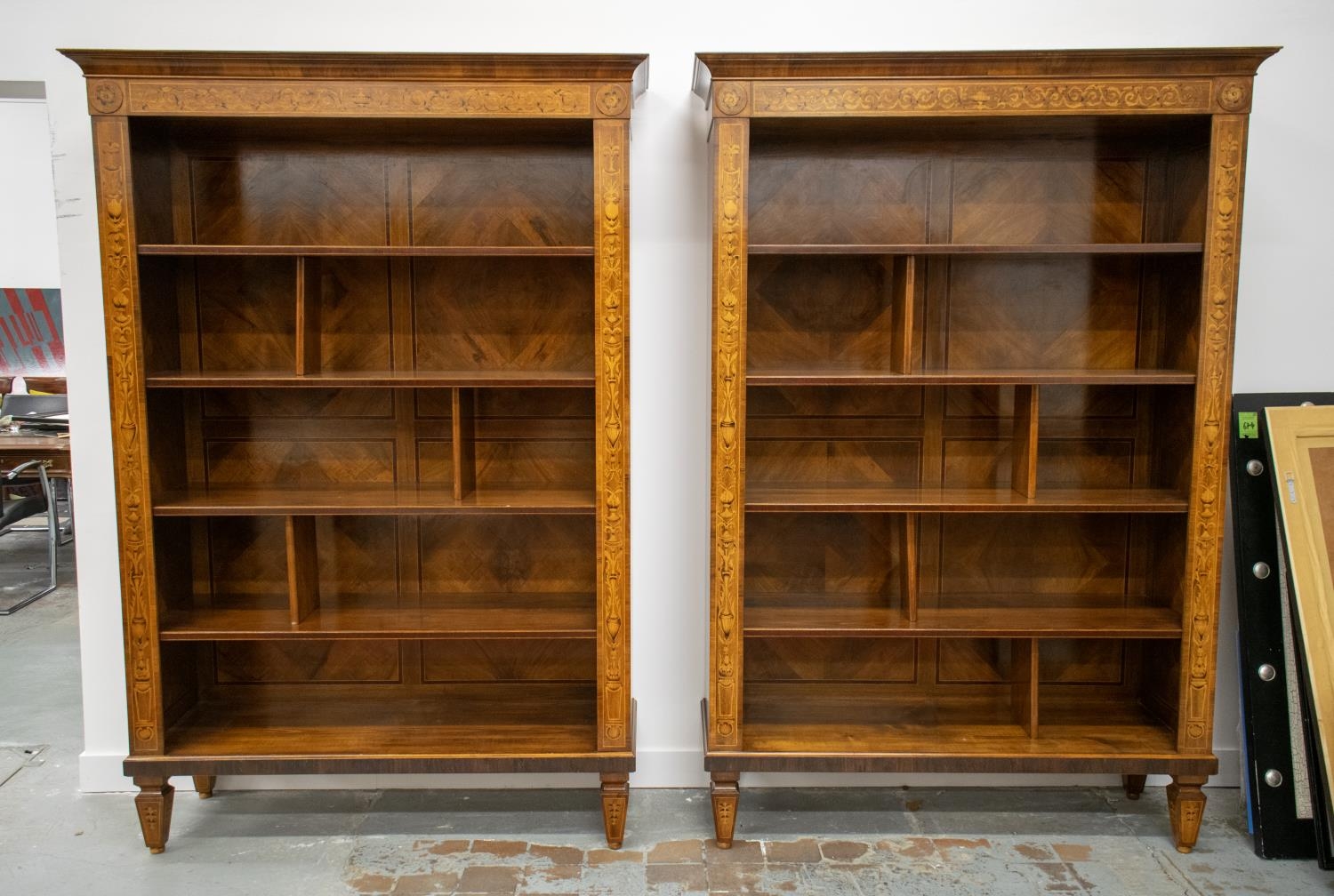 OPEN BOOKCASES, a pair, to match previous lot, 212cm H x 145cm x 51cm. (2) - Image 2 of 10