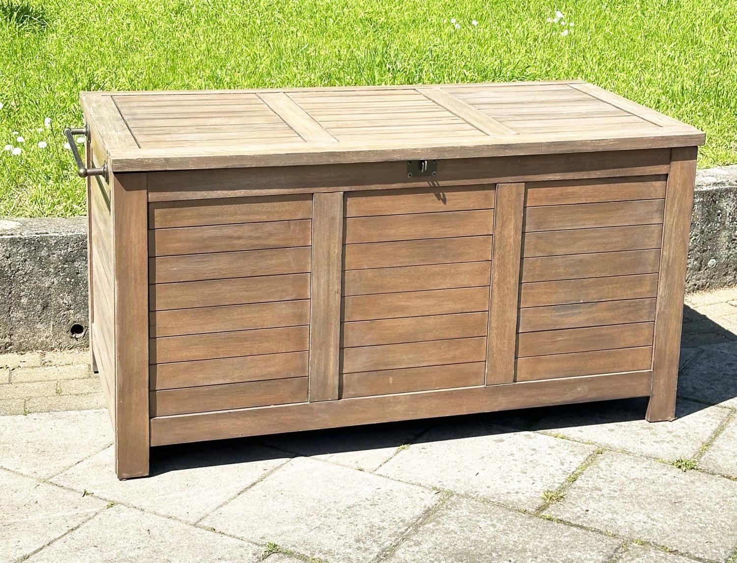 GARDEN STORAGE TRUNK, outdoor weathered teak with hinged lid and side handles, 85vm H x 138cm W x - Image 5 of 18