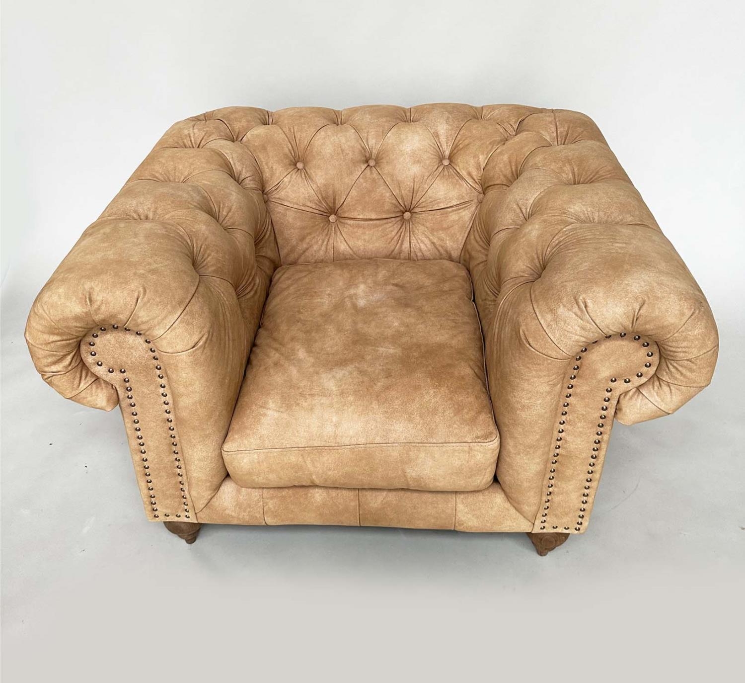 CHESTERFIELD ARMCHAIR, deep buttoned nubuck light tan leather with turned supports, 116cm x 73cm H. - Image 6 of 7
