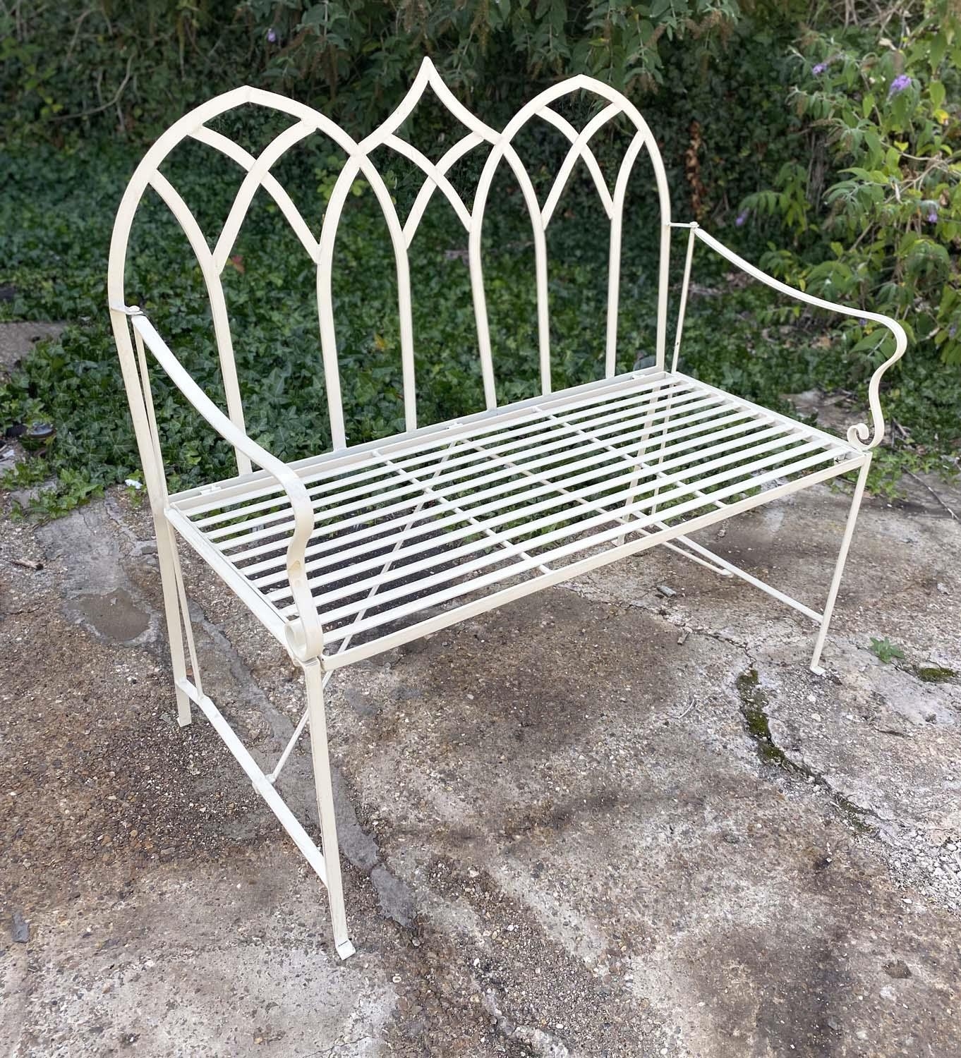 GARDEN BENCH, Gothic design white painted metal, 103cm H x 103cm W x 55cm D. - Image 4 of 4