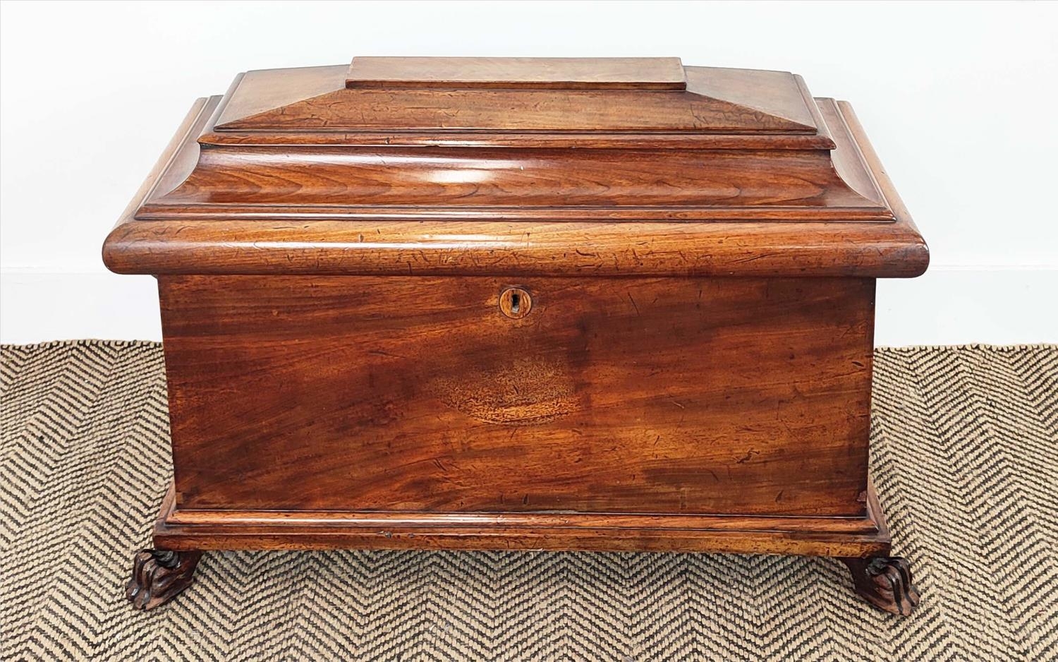 WINE COOLER, Regency mahogany of sarcophagus form with green baize lining, brass handles and inset