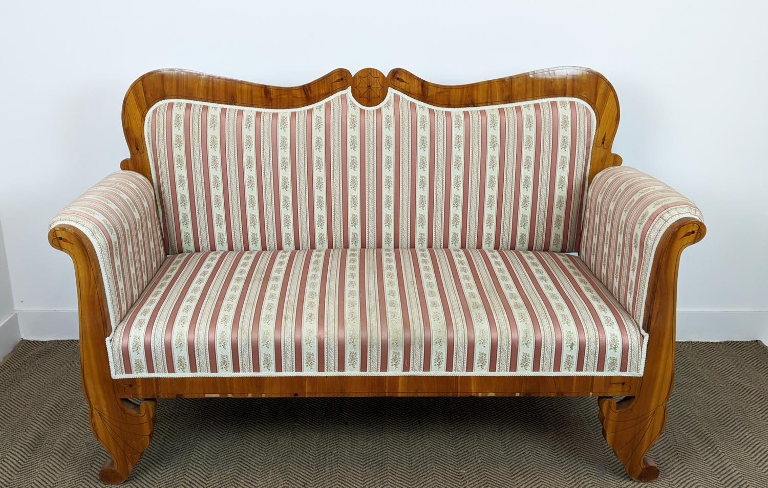 SOFA, Biedermeier cherrywood and line inlaid with pink striped upholstery, 104cm H x 168cm x 68cm.