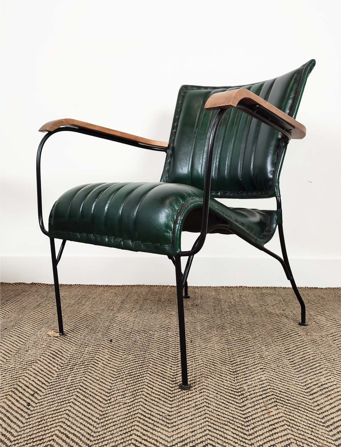 ARMCHAIRS, a pair, green leather upholstery with wooden arms and metal supports, 65cm x 75cm H x - Image 3 of 7