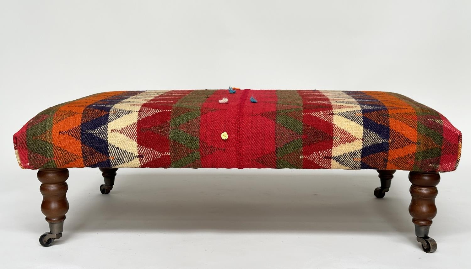 KELIM HEARTH STOOL, rectangular Persian Qashqai Kelim upholstered raised upon turned tapering - Image 5 of 18