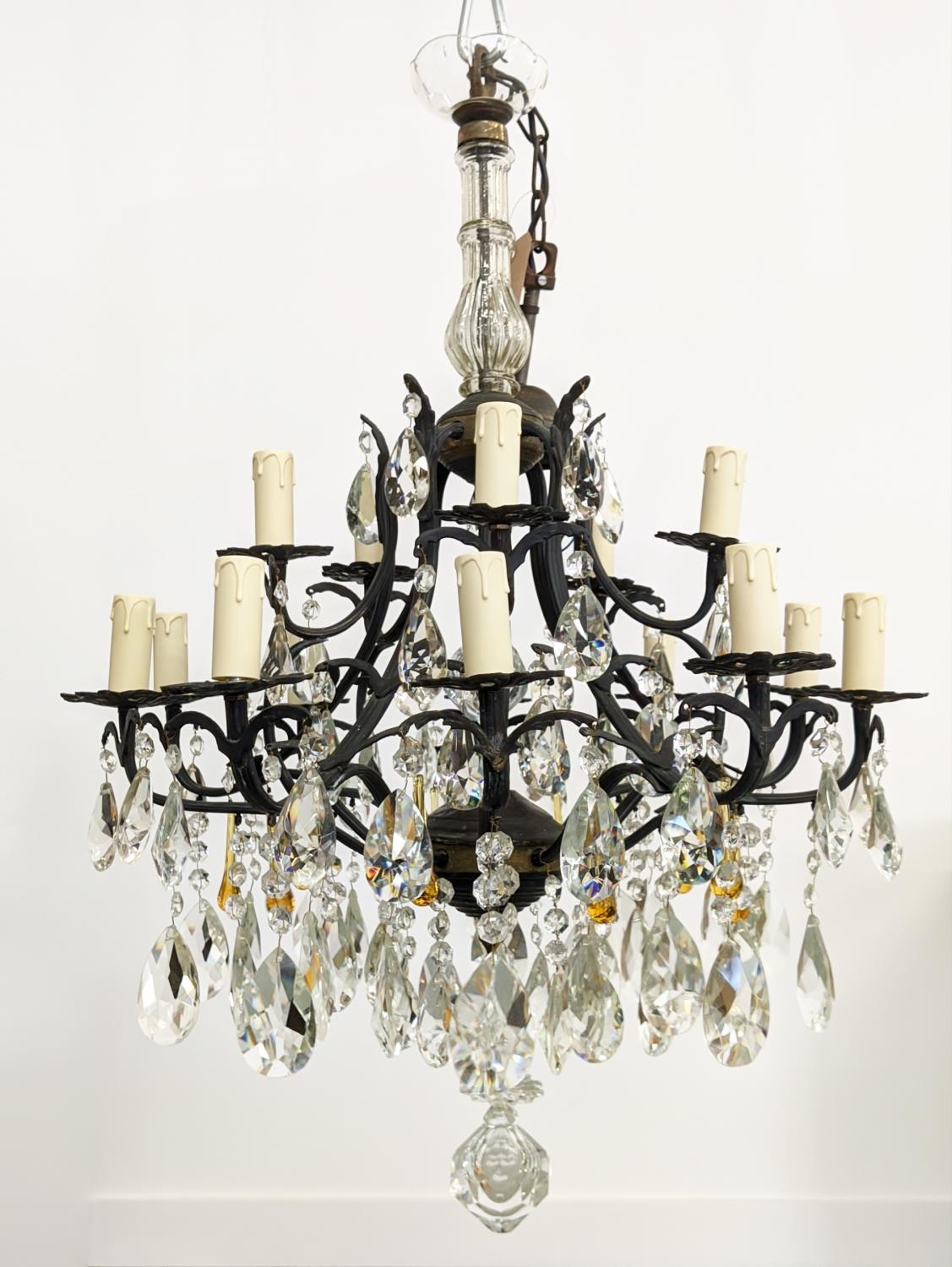 CHANDELIER, patinated metal with clear and amber glass drops from fifteen lights, 60cm W x 114cm