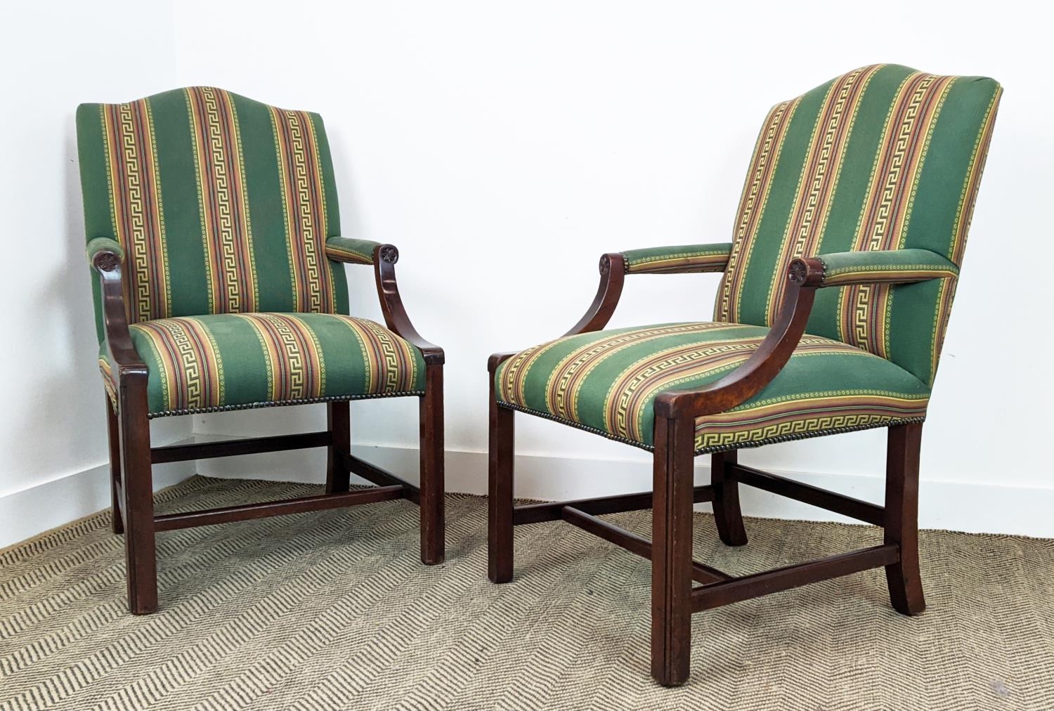 GAINSBOROUGH STYLE ARMCHAIRS, a pair, mahogany in green Greek key striped fabric, 102cm H x 63cm. ( - Image 4 of 18