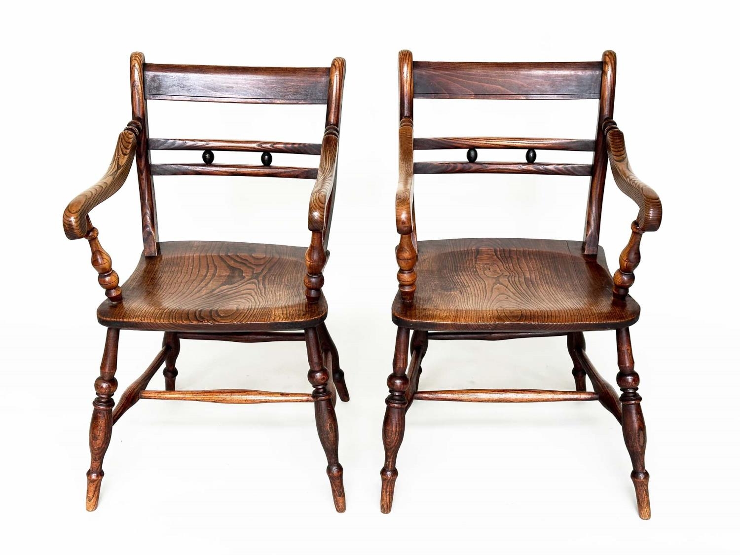 OXFORD ARMCHAIRS, a pair, 19th century English, High Wycombe, ash, elm and alder with shaped seats - Image 3 of 11