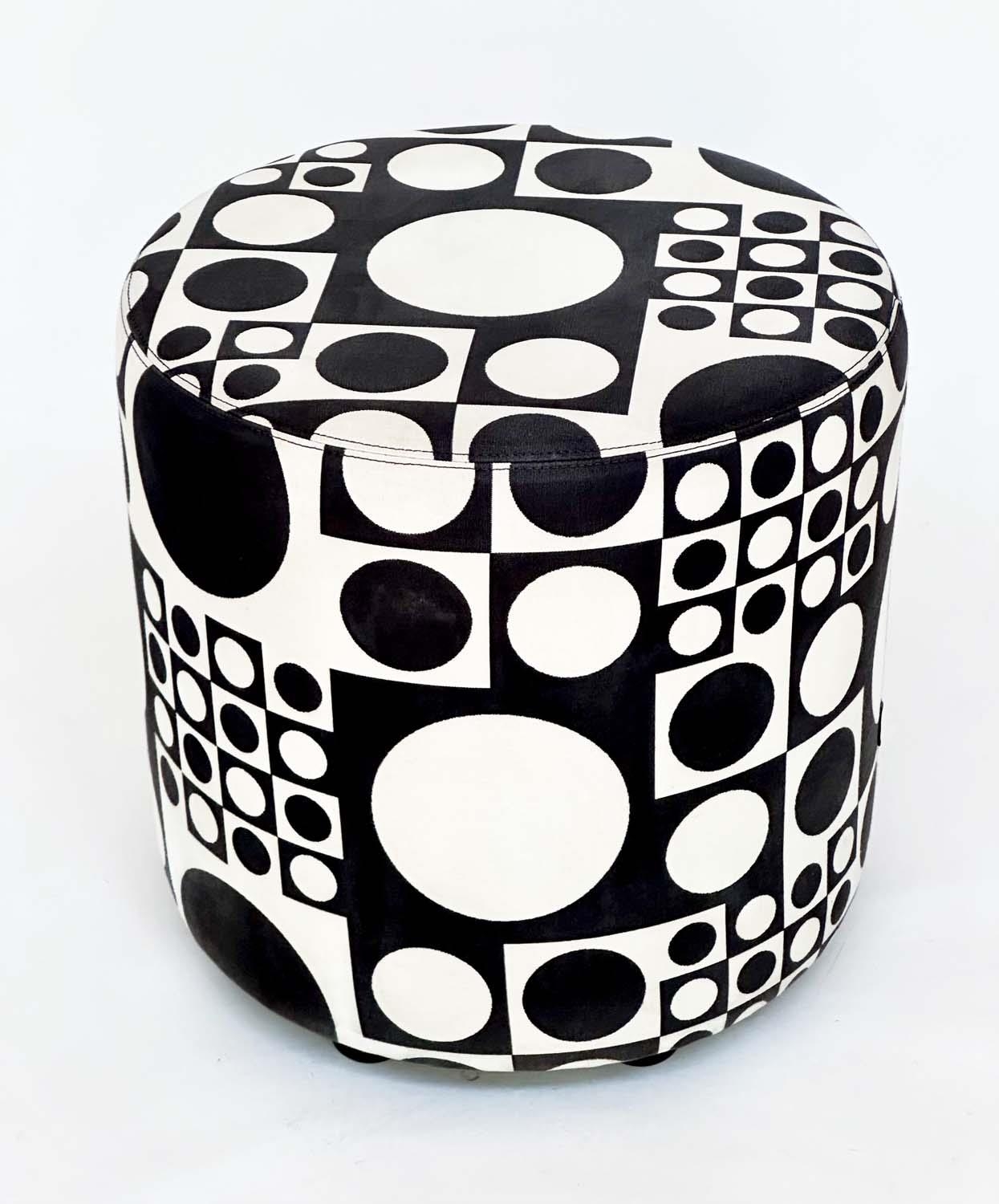 STOOL BY JOHANSON DESIGN, circular drum form with black/white 60s, style fabric upholstery, 44cm H x