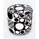 STOOL BY JOHANSON DESIGN, circular drum form with black/white 60s, style fabric upholstery, 44cm H x