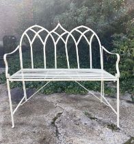 GARDEN BENCH, Gothic design white painted metal, 103cm H x 103cm W x 55cm D.