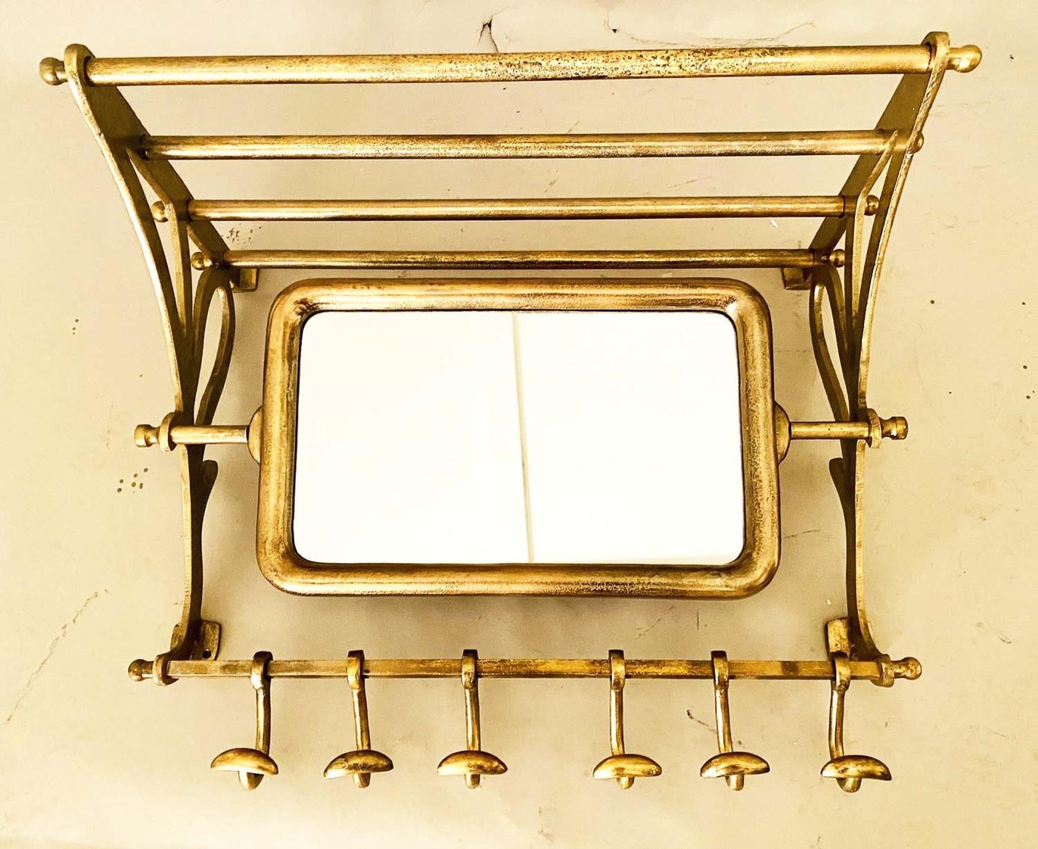WALL MOUNTING LUGGAGE RACK, rotating mirror and coat hooks, gilt metal, 54cm x 67cm x 36cm. - Image 5 of 5