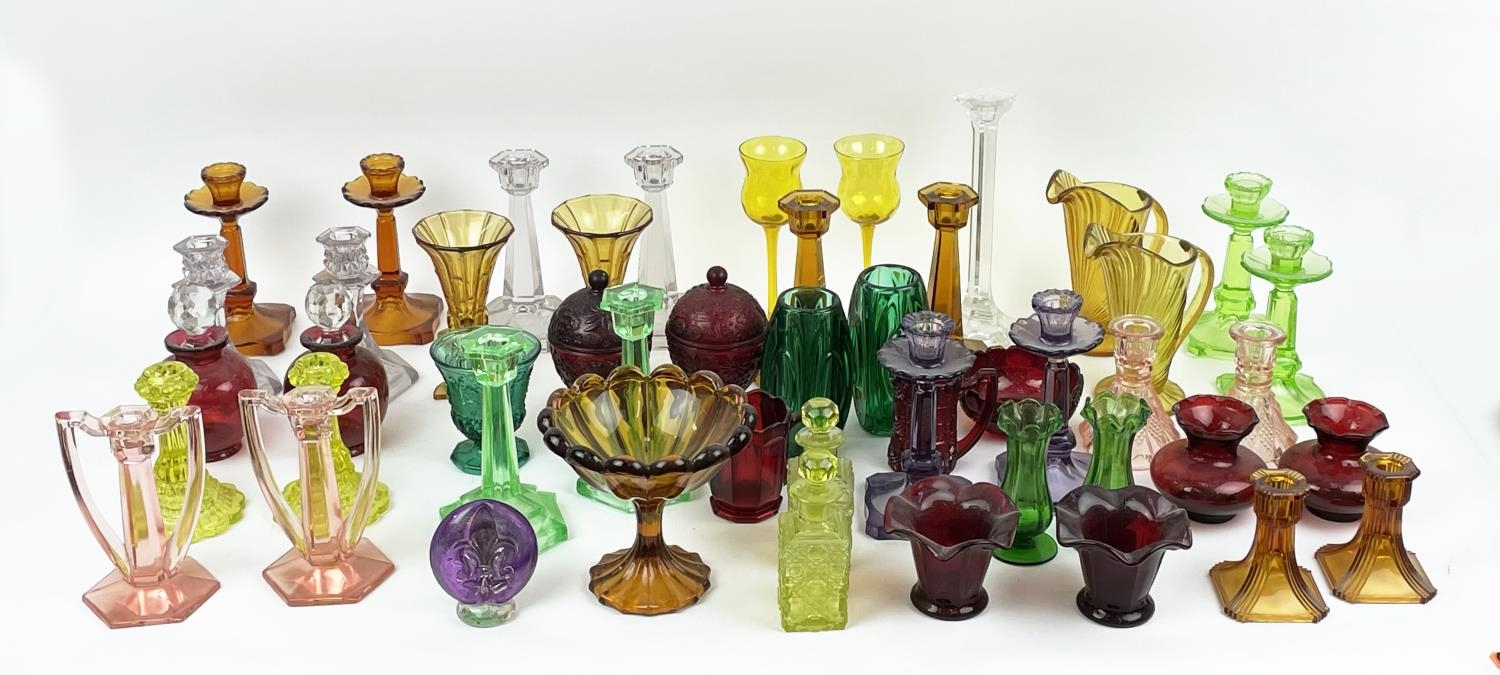 QUANTITY OF URANIUM GLASS, various items including pairs of candlesticks, jugs, lidded vases, - Image 3 of 12