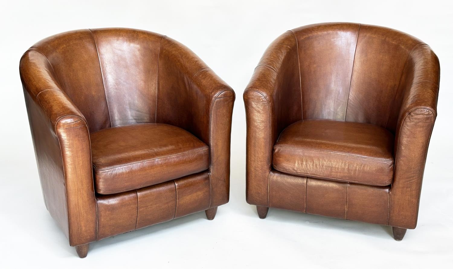 TUB ARMCHAIRS, a pair, natural soft mid brown leather upholstered with rounded backs, 78cm W. (2) - Image 6 of 12