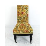 SLIPPER CHAIR, 19th century ebonised with William Morris patterned upholstery, 96cm H x 51cm W.