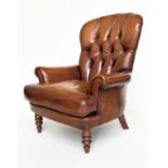 LIBRARY ARMCHAIR, Georgian design with deep buttoned soft natural tan brown leather upholstery and