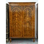 WARDROBE, Italian walnut and marquetry of two doors enclosing a hanging rail and shelves, 211cm H