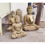 THREE SEATED BUDDHAS AND A BUST, composite stone, highest 48cm, smallest 36cm. (4)