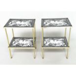 ETAGERES, a pair, Regency style, gilt metal each with two tiers and scenes depicting black and white