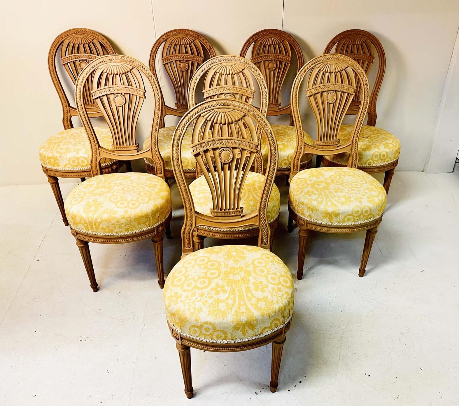 DINING CHAIRS, a set of eight, Louis XVI style balloon backed in beechwood with upholstered seats, - Image 2 of 4