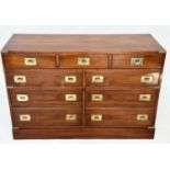 CAMPAIGN STYLE CHEST, yewwood and brass bound with one long drawer above two short drawers, (all
