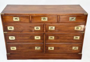 CAMPAIGN STYLE CHEST, yewwood and brass bound with one long drawer above two short drawers, (all