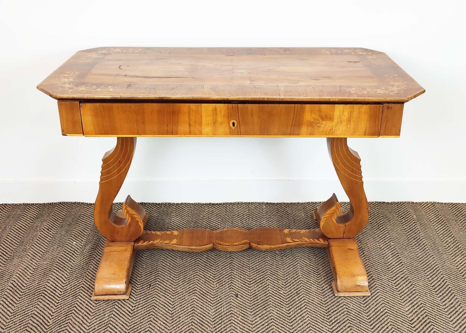 WRITING TABLE, Biedermeier walnut, olivewood and marquetry with frieze drawer, 80cm H x 122cm x