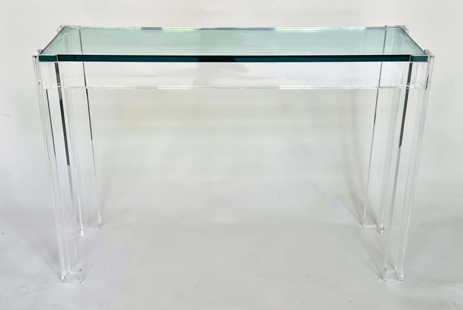 LUCITE CONSOLE TABLE, rectangular plate glass in lucite supports, 109cm W x 34cm D x 75cm H.