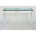 LUCITE CONSOLE TABLE, rectangular plate glass in lucite supports, 109cm W x 34cm D x 75cm H.