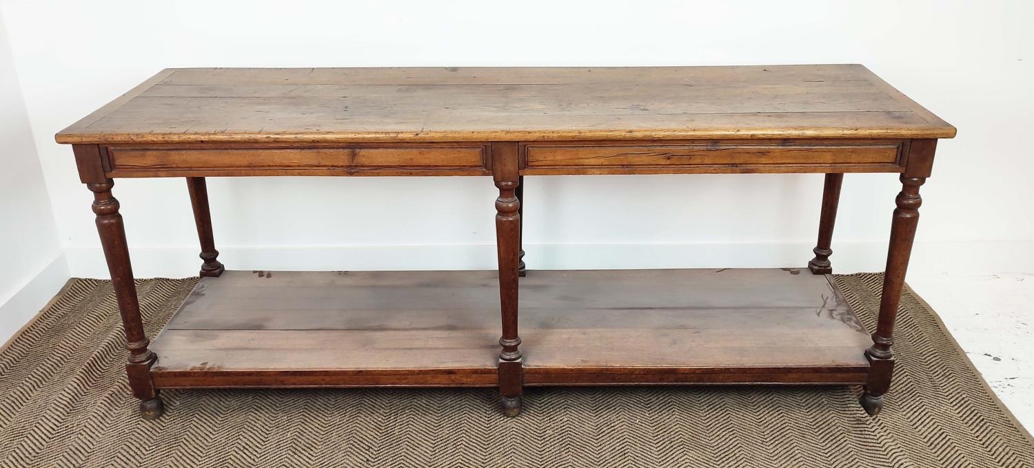 REFECTORY TABLE, late 19th century French oak with pot board, 79cm H x 199cm x 64cm.