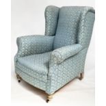 WING ARMCHAIR, Victorian geometric woven blue and white upholstered with scroll arms and turned
