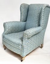 WING ARMCHAIR, Victorian geometric woven blue and white upholstered with scroll arms and turned