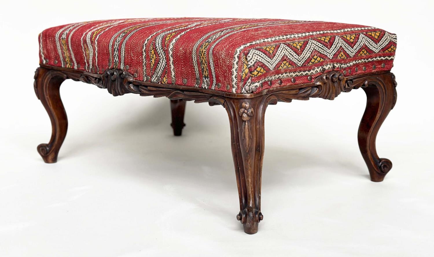 KELIM HEARTH STOOL, Victorian rosewood with Turkoman kelim brass studded upholstery, 77cm W x 50cm D - Image 10 of 14