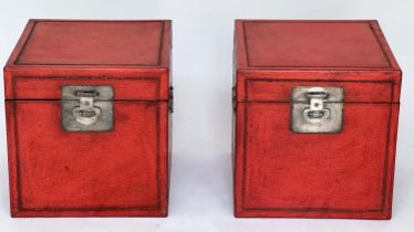 TRUNKS, a pair, Chinese scarlet lacquered and silvered metal mounted each with rising lid, 40cm x