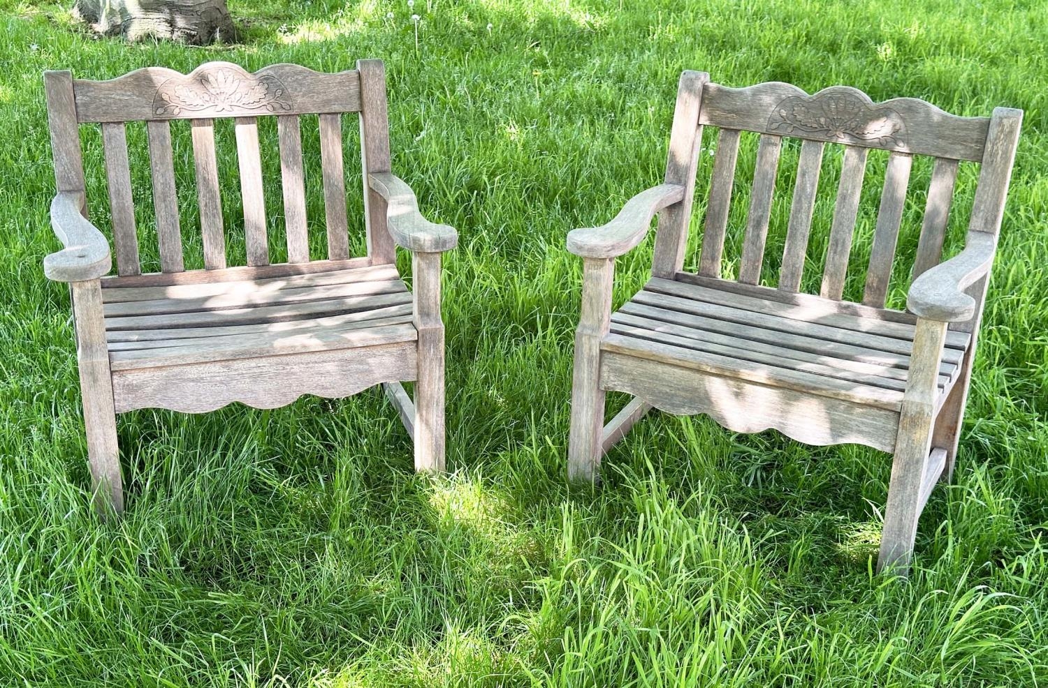 GARDEN ARMCHAIRS BY BRIDGMAN & CO LTD, a pair, well weathered teak with generous seats, slatted - Bild 3 aus 22