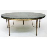 LOW TABLE, 1950s circular, marble raised upon gilt metal beaded and reeded supports, 108cm W x