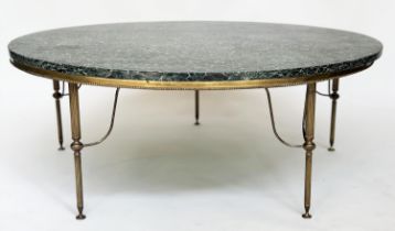 LOW TABLE, 1950s circular, marble raised upon gilt metal beaded and reeded supports, 108cm W x