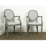 A PAIR OF LOUIS XVI STYLE FAUTEUILS, blue and grey pin stripe fabric, grey distressed finish to