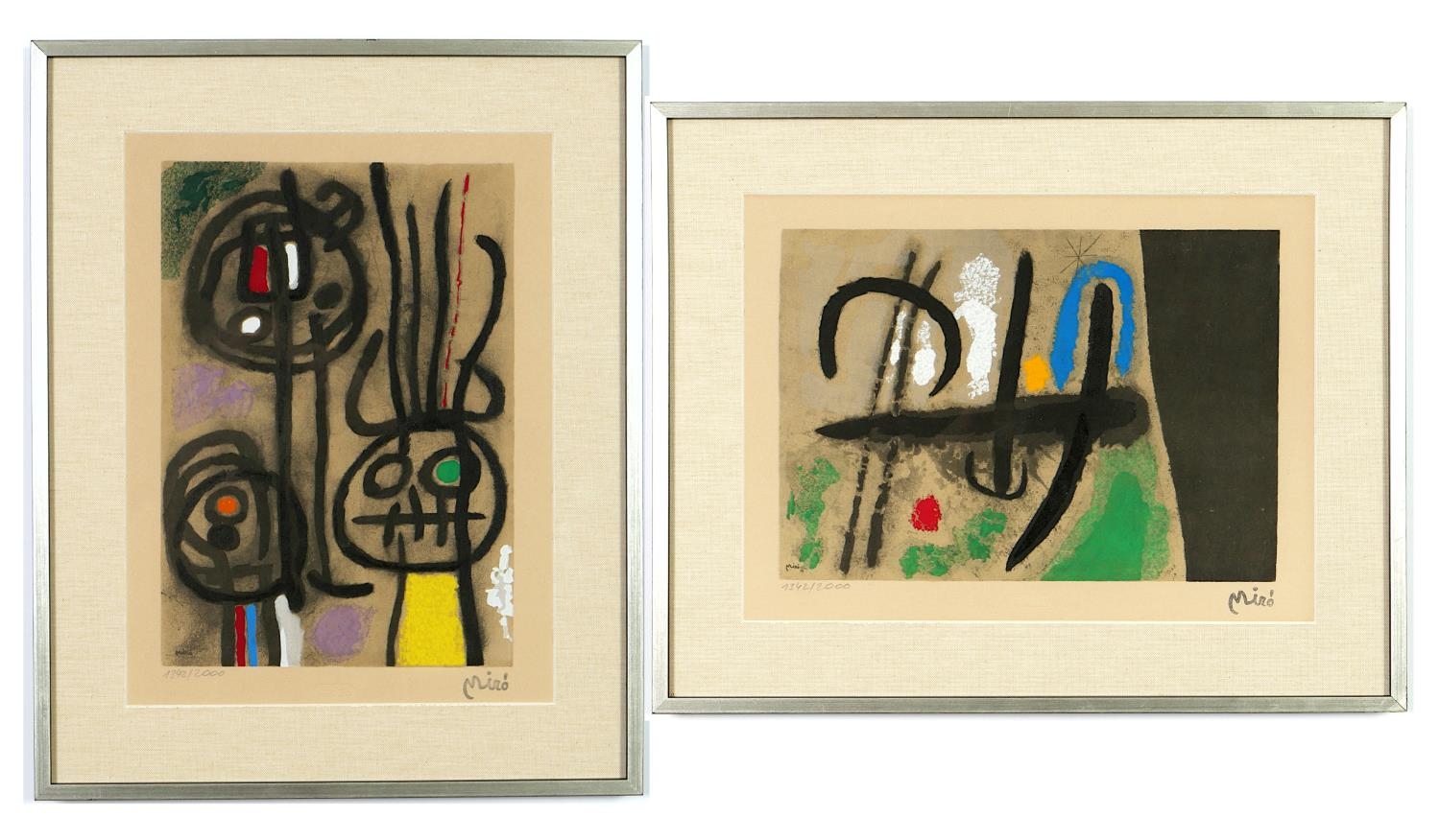 JOAN MIRO, Personnages, a pair, numbered limited edition pochoir, stamped signature, embossed