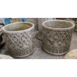 COMPOSITE STONE PLANTERS, a pair, with 'Tudor rose decoration', 36cm H. (2)