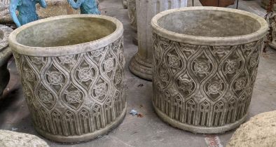 COMPOSITE STONE PLANTERS, a pair, with 'Tudor rose decoration', 36cm H. (2)