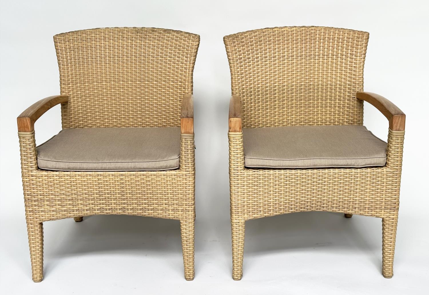 TERRACE/GARDEN ARMCHAIRS BY GLOSTER, a pair, all weather rattan woven and teak framed with cushions, - Image 10 of 11