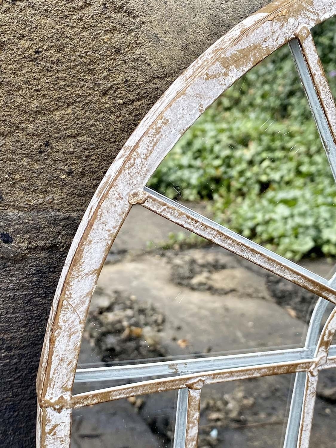 ARCHITECTURAL GARDEN WALL MIRRORS, a set of four, distressed metal arched frames, 60cm H x 36cm. (4) - Image 2 of 3