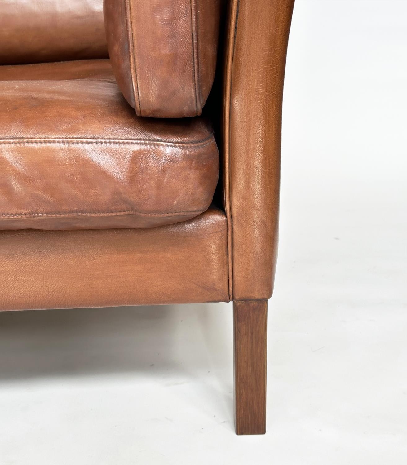 DANISH SOFA, 1970s two seater with grained natural soft tam brown leather upholstered, 150cm W. - Image 3 of 8